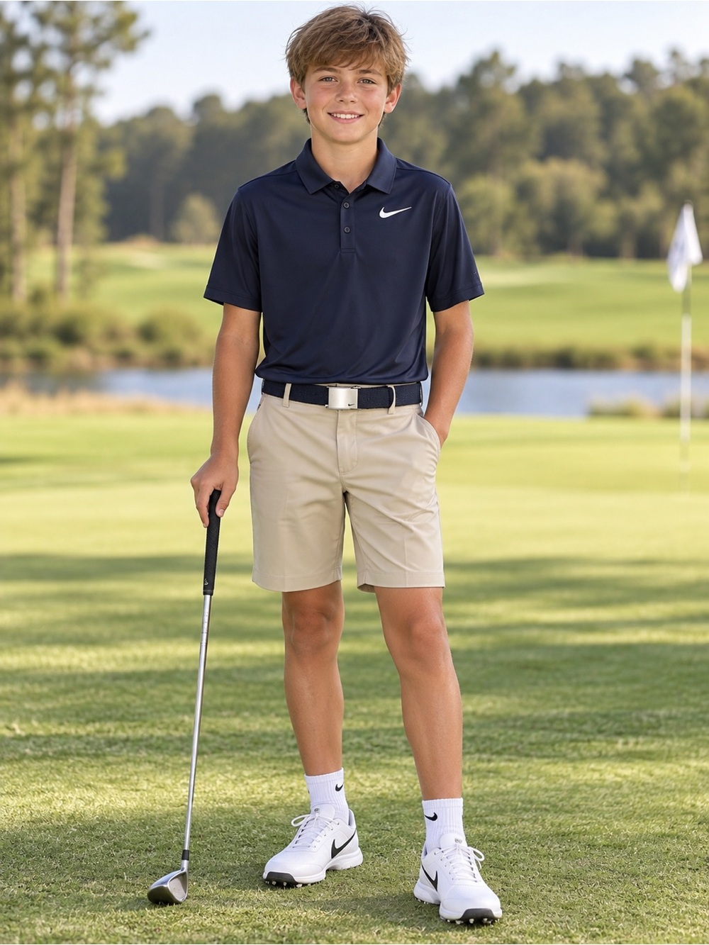 Nike Men’s Navy Polo with Khaki Flat-Front Shorts
